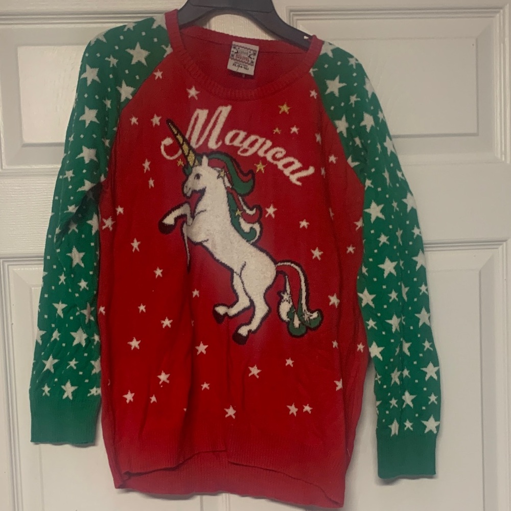 Well Worn Red and Green Unicorn Sweater
